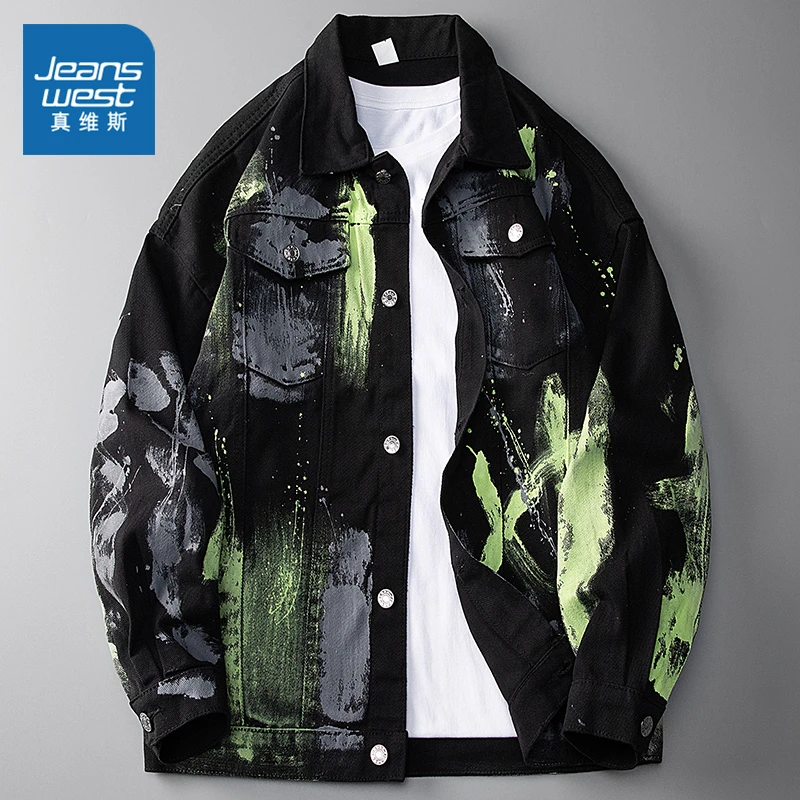 Jeanswest/真维斯油漆印花高端牛仔外套男潮休闲宽松百搭男士上衣