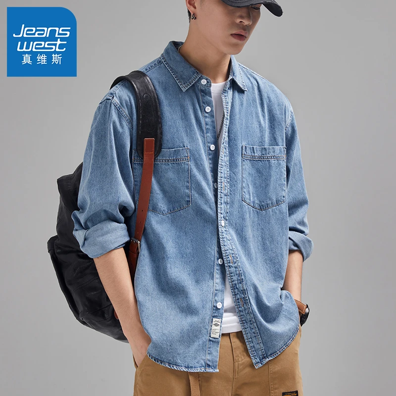 Jeanswest/真维斯牛仔衬衫男士潮流百搭宽松休闲美式2024新款衬衣