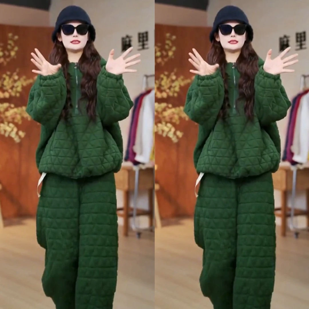 欧洲站2024秋冬新款洋气百搭显瘦半拉链上衣高腰纯色休闲裤两件套