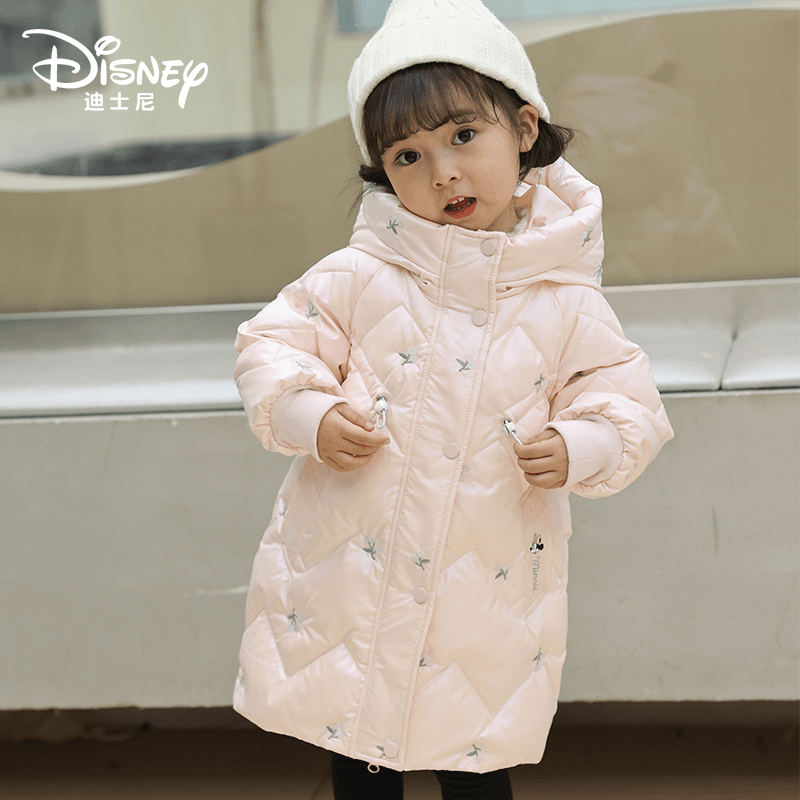 Disney/迪士尼儿童羽绒服中长款连帽冬季保暖中大童白鸭绒羽绒服
