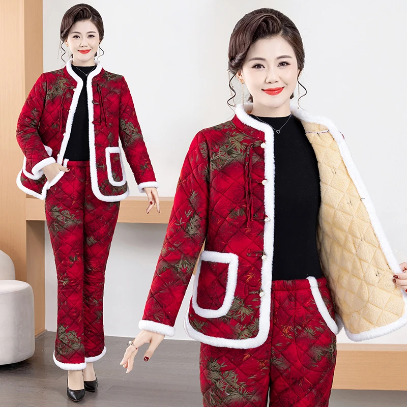 妈妈装外穿保暖冬季老年人棉服套装中老年大码女士加绒加厚两件套