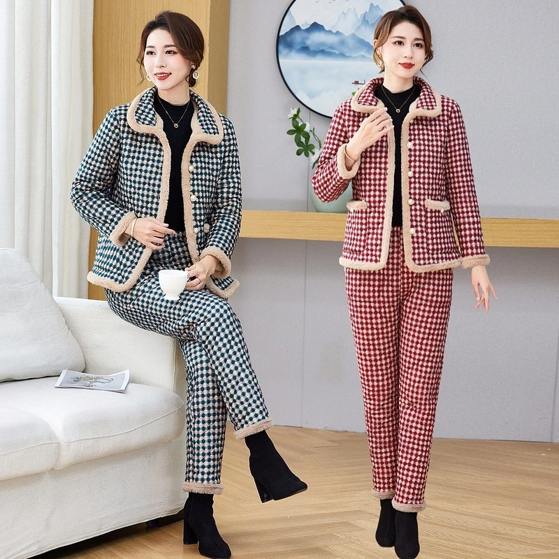 中年妈妈装大码加厚保暖冬季棉服套装中老年人加绒棉袄两件套外穿
