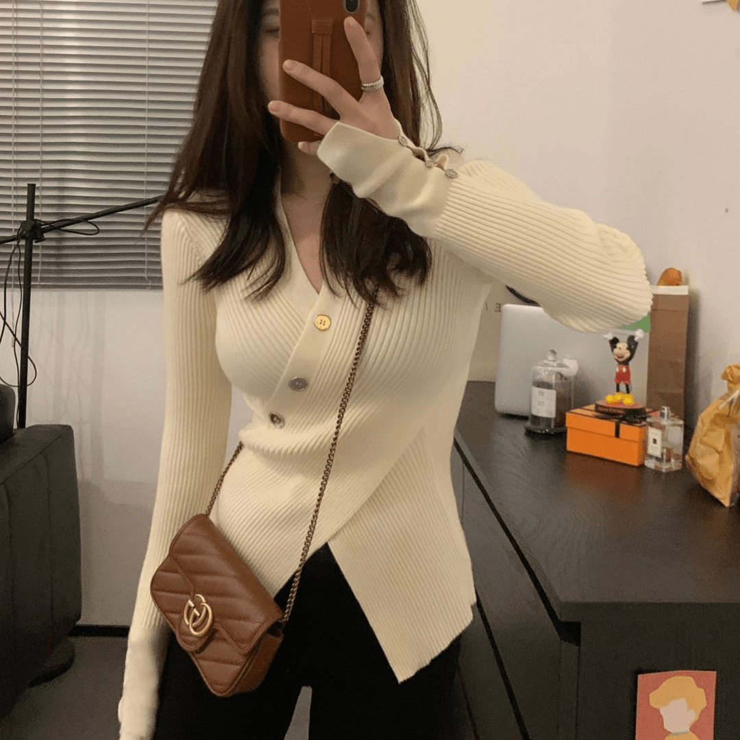 不规则V领收腰毛衣交叉高腰修身开叉套头纯欲显瘦针织长袖内搭女