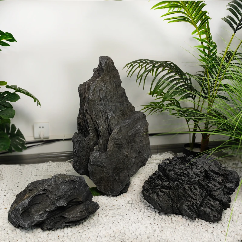 户外玻璃钢假山石头装饰摆件仿真奇石黑山石造景花园别墅庭院美陈