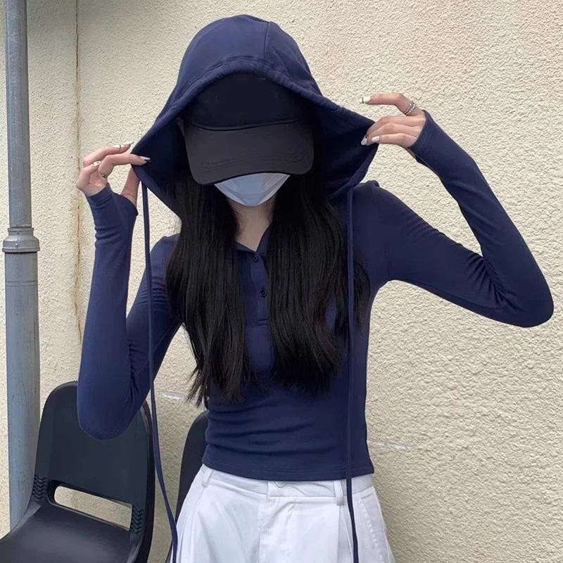 芊芊芙连帽短款上衣女早秋美拉蓝打底衫miu系卫衣配工装裤长袖T恤