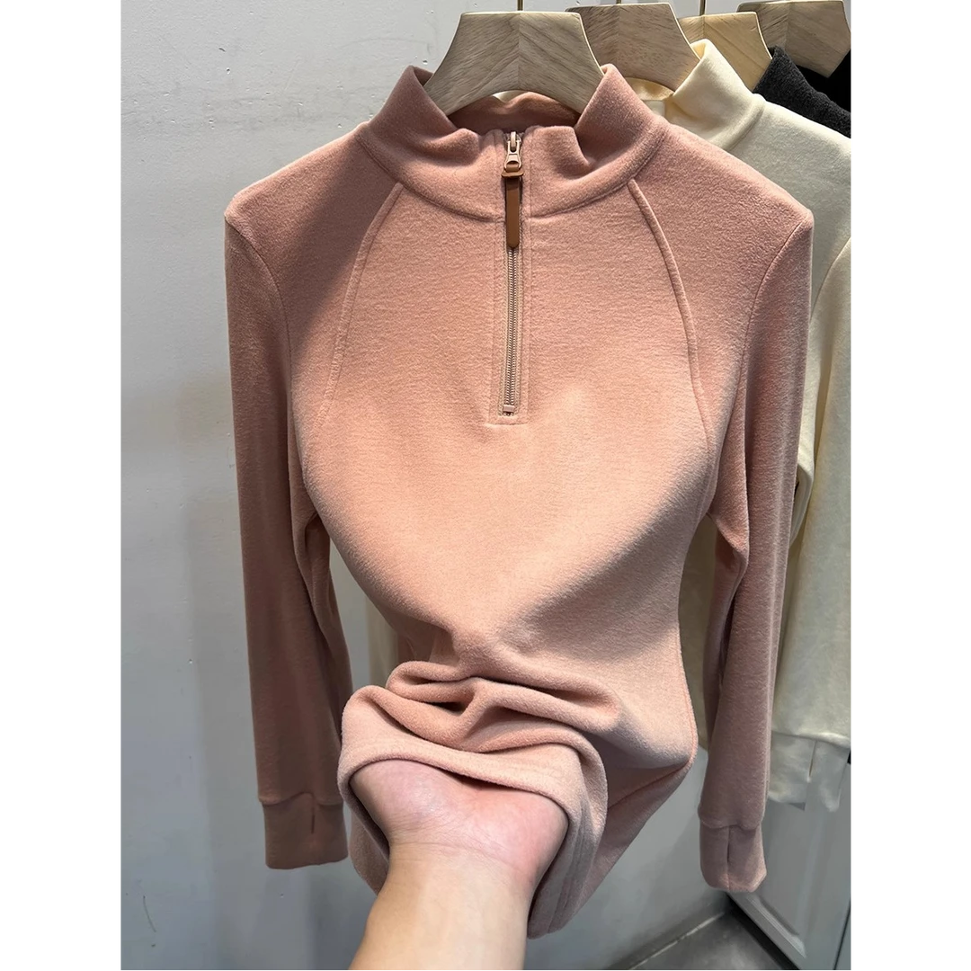 芊芊芙2025春秋新款软糯双面磨毛德绒长袖T恤女半高领打底衫上衣