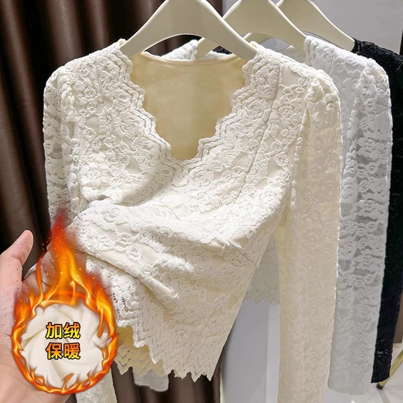 芊芊芙低领蕾丝打底衫女内搭春秋加绒加厚交叉V领高级感短款上衣