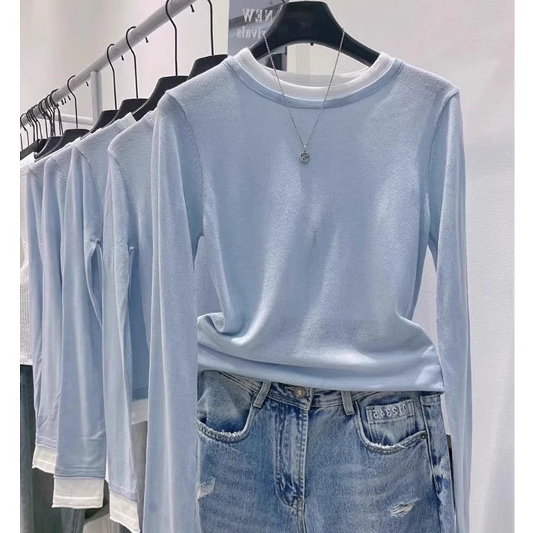 芊芊芙设计感小众气质内搭打底衫多巴胺蓝色修身显瘦长袖T恤女秋