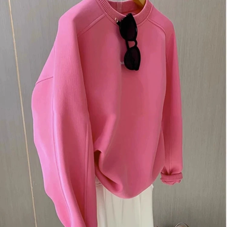 芊芊芙宽松上衣小个子美式慵懒粉色圆领卫衣女2025春秋季新款爆款