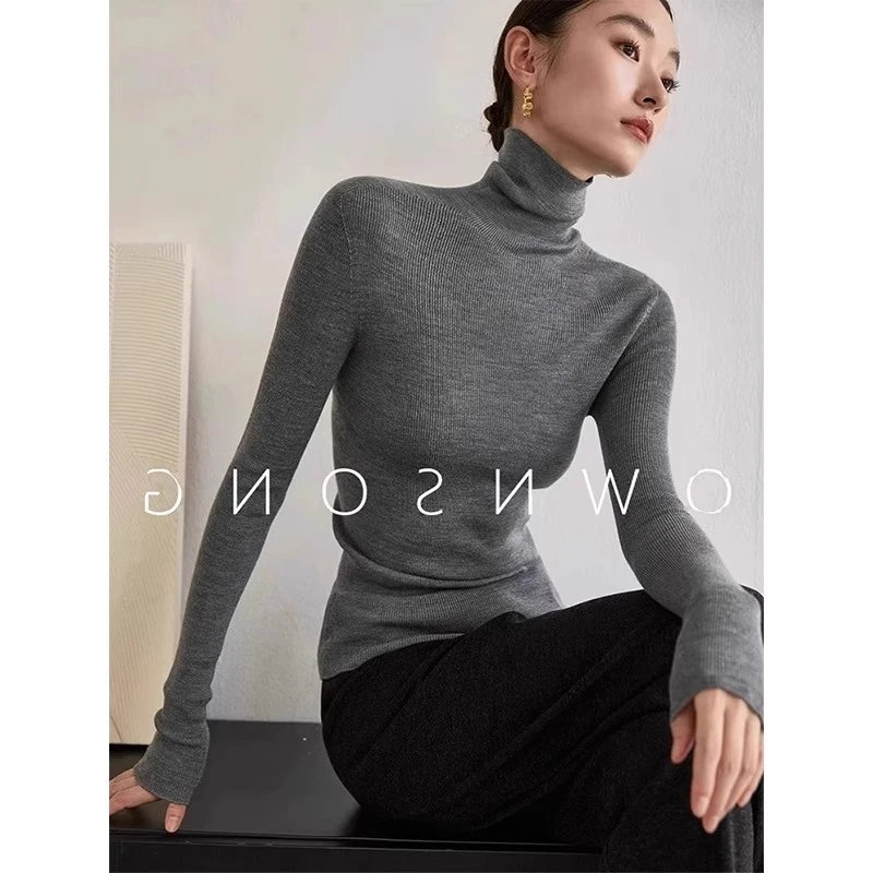 芊芊芙春秋新款法式灰色高领修身针织衫女堆堆领打底毛衣内搭上衣