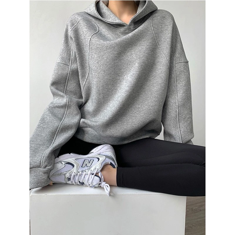 芊芊芙2025春秋装新款今年流行灰色oversize连帽加绒加厚卫衣女士