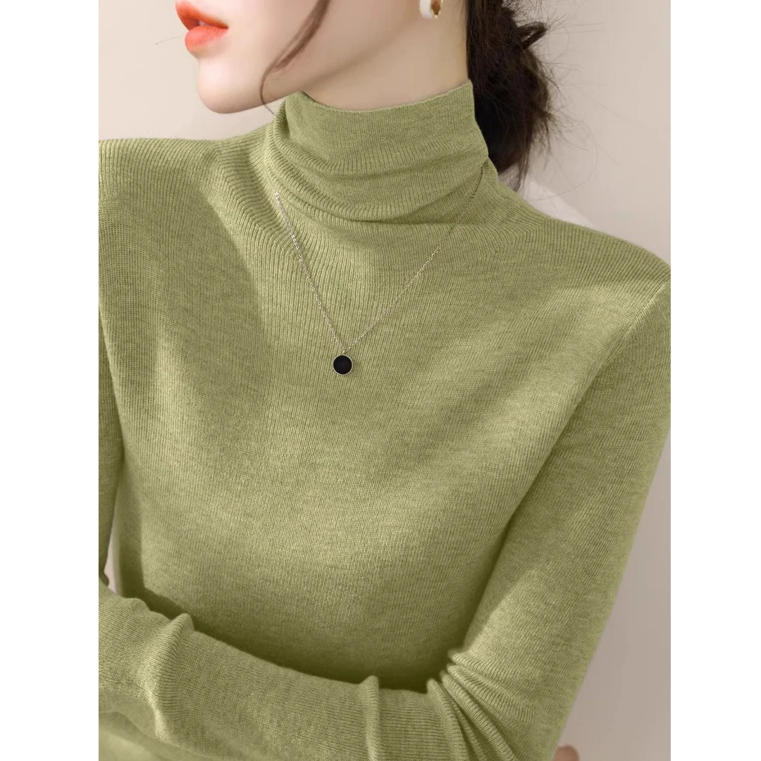 芊芊芙慵懒风高级浅绿堆堆领羊毛内搭针织打底衫女春秋款长袖上衣