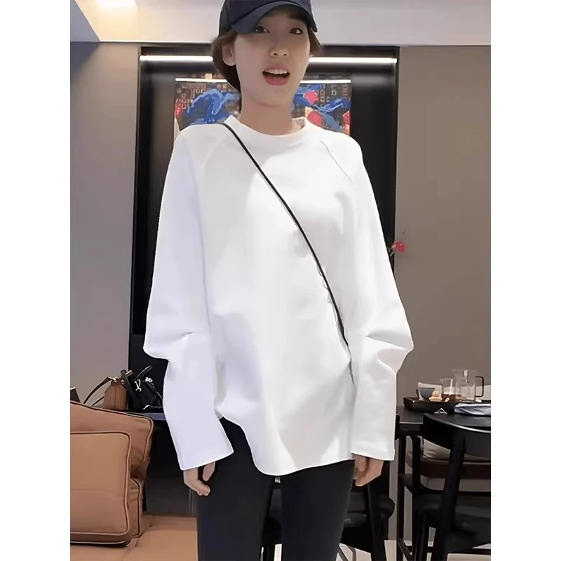 芊芊芙早秋白色中长款拼接圆领长袖t恤女装新款爆款宽松内搭上衣