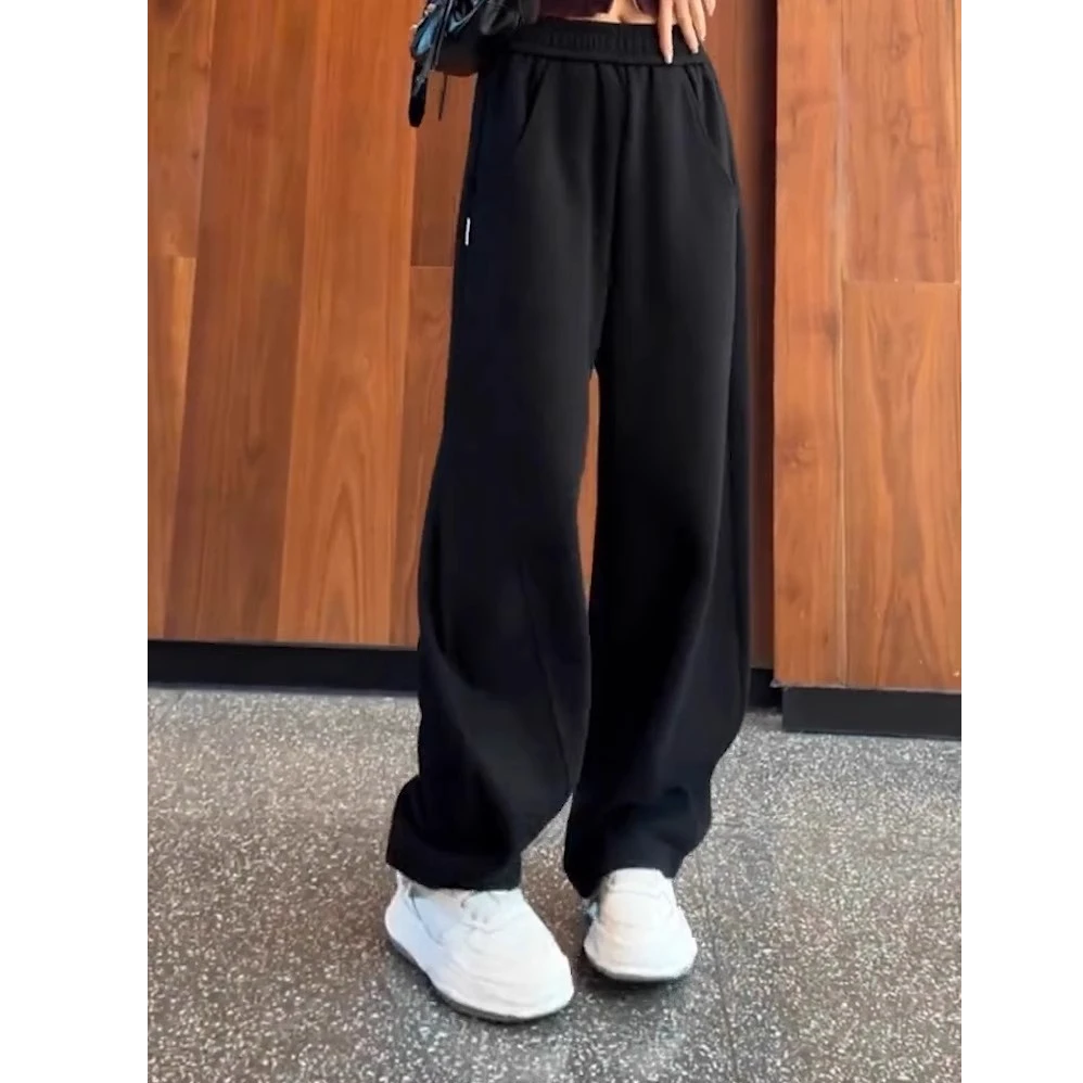 芊芊芙黑色直筒卫裤女士2025春秋新款运动香蕉裤高腰阔腿裤休闲裤