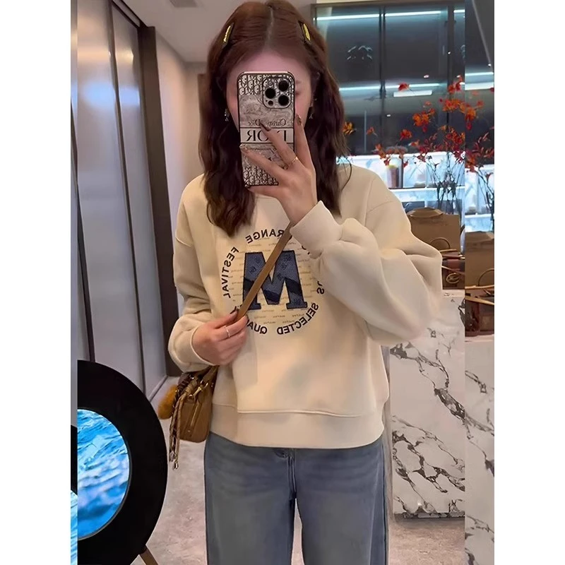 芊芊芙美式圆领加厚加绒短款卫衣女2024秋冬新款爆款宽松长袖上衣