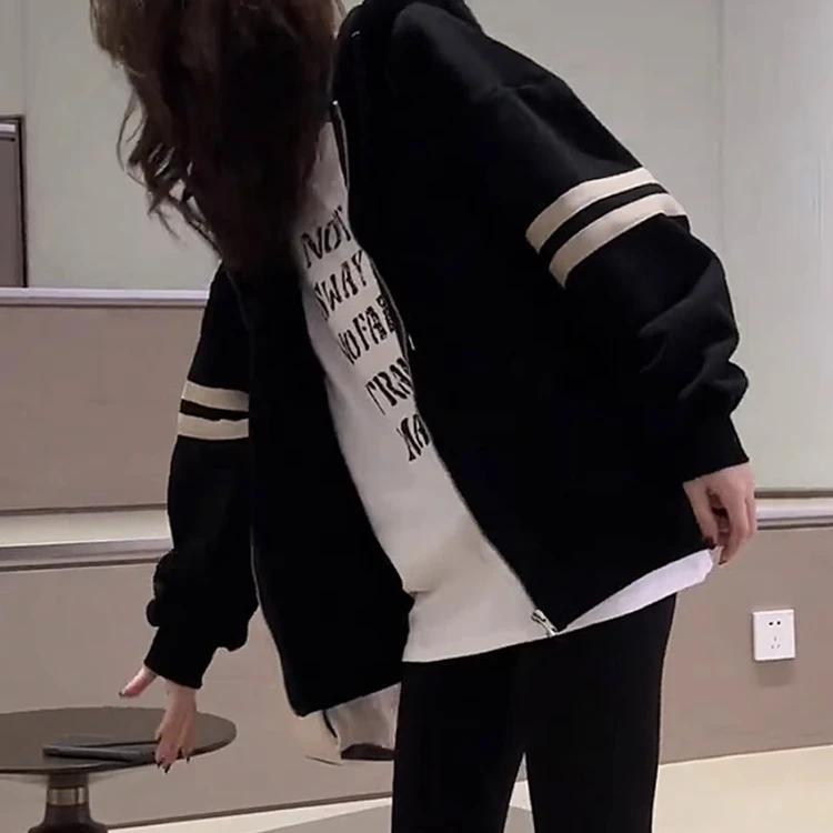 芊芊芙黑色美式慵懒拉链开衫连帽卫衣女士春秋2025新款宽松棒球服