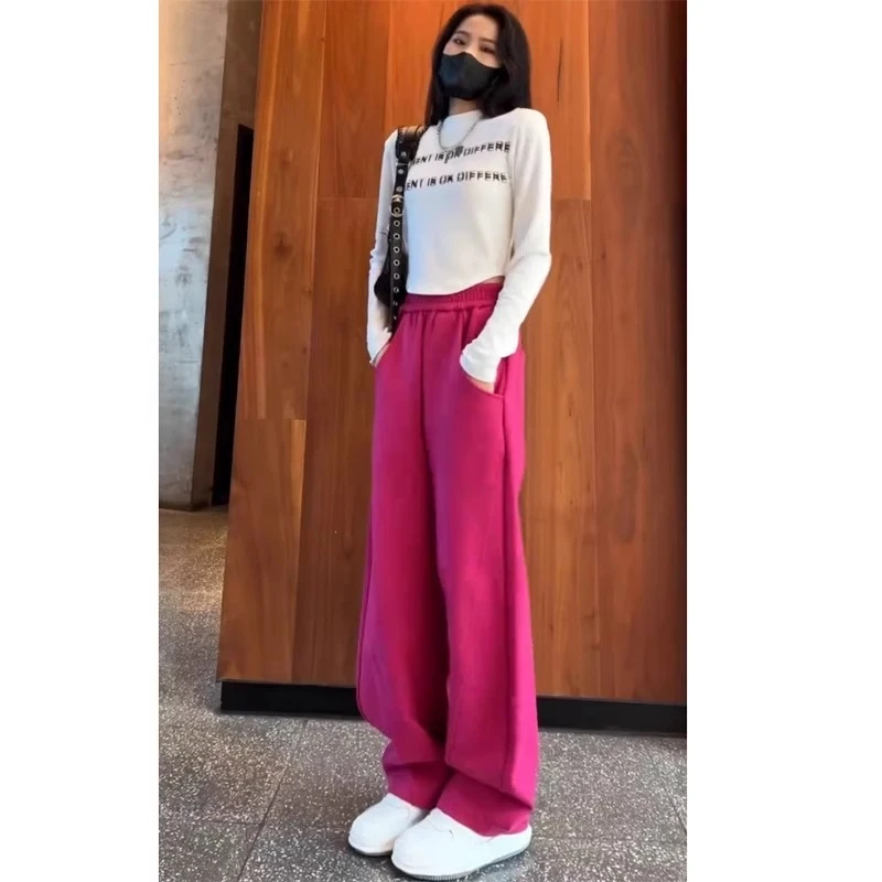 芊芊芙玫红色阔腿香蕉裤女2025春秋新款欧货爆款宽松休闲直筒卫裤