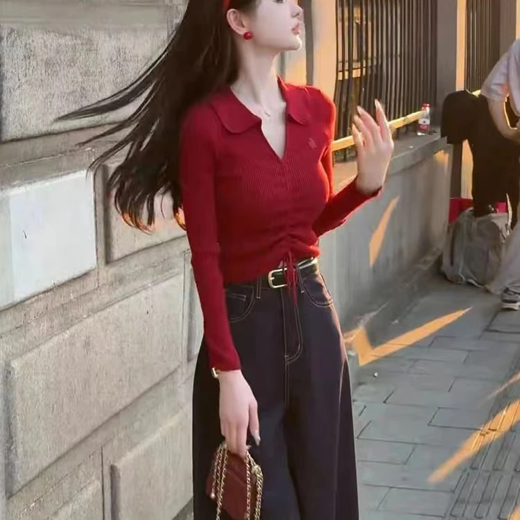 芊芊芙春秋安可拉红不规则修身内搭打底衫毛衣女小个子针织衫上衣