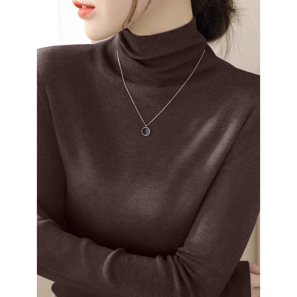 芊芊芙咖棕色堆堆领针织打底衫女春秋季美拉德毛衣配大衣内搭上衣