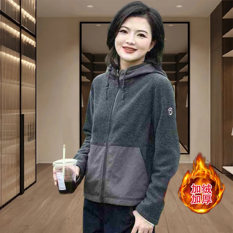 拼色摇粒绒短外套女2025新款爆款秋冬洋气减龄休闲百搭连帽上衣服