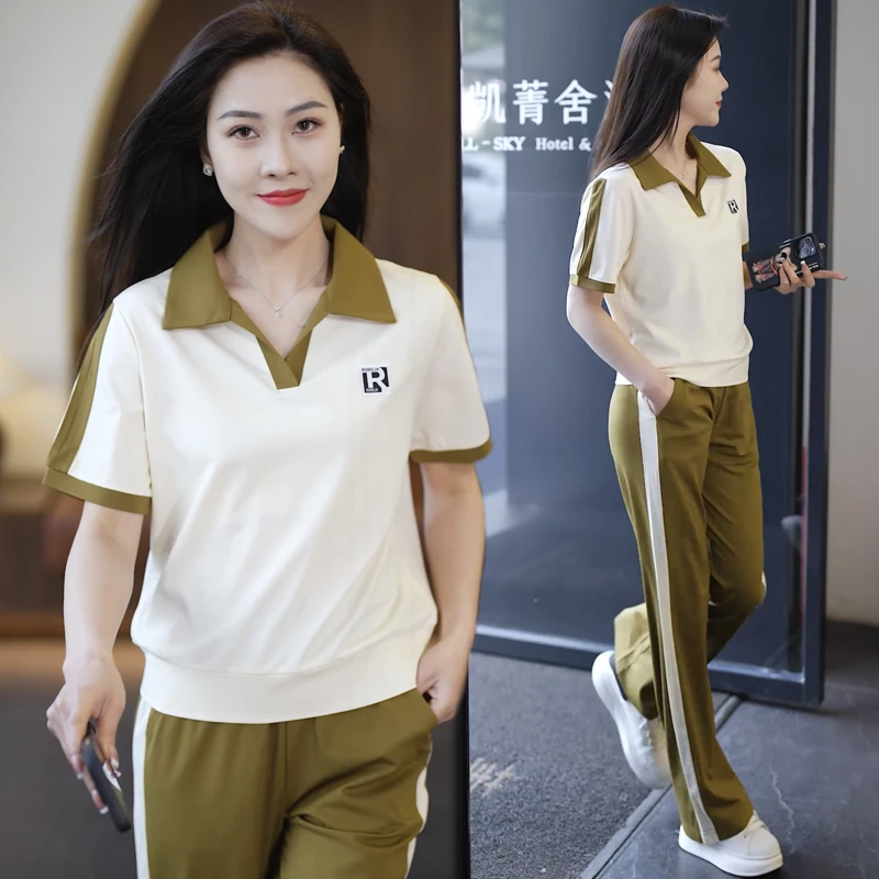 休闲运动套装女夏季2023年新款polo翻领冰丝短袖t恤阔腿裤两件套