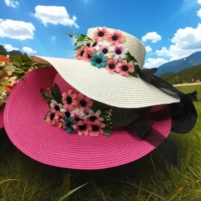帽语®春夏秋 韩版仿真花蝴蝶结飘带宽沿可折叠遮阳草帽HSMS00052