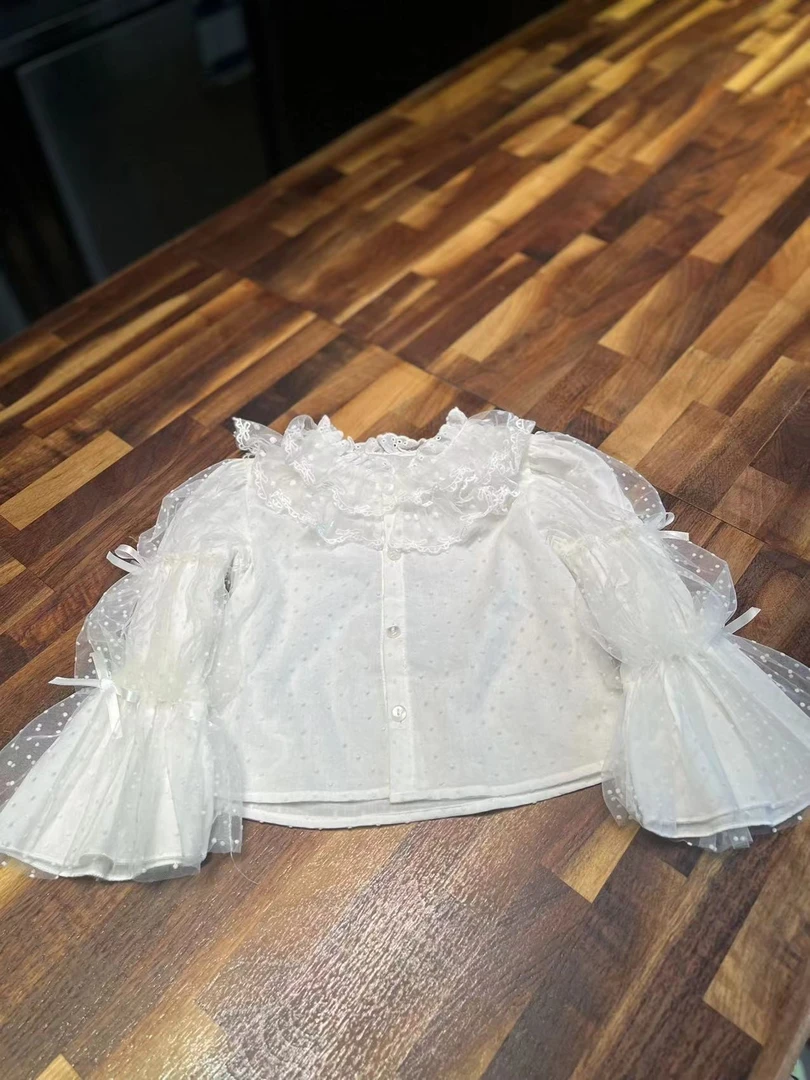 原创蕾丝藕节袖衬衣小女孩兔子女童百搭儿童长袖白色洋气时尚春季