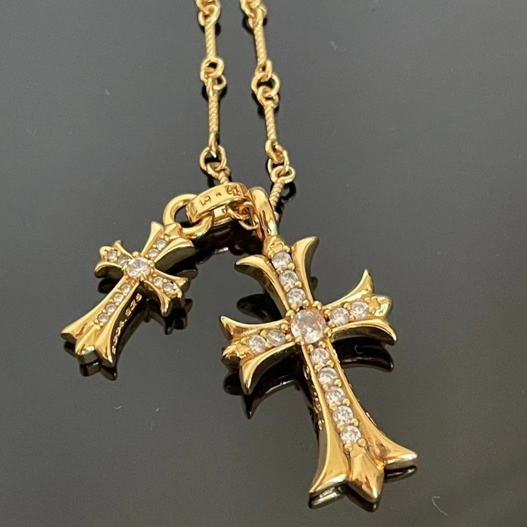 铜合金项链 双十字架项链男生轻奢欧美个性镶钻金色经典项链小众