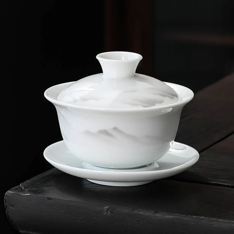 功夫茶具带盖盖碗白瓷单个喝茶碗陶瓷三才盖碗中式家用会客泡茶器