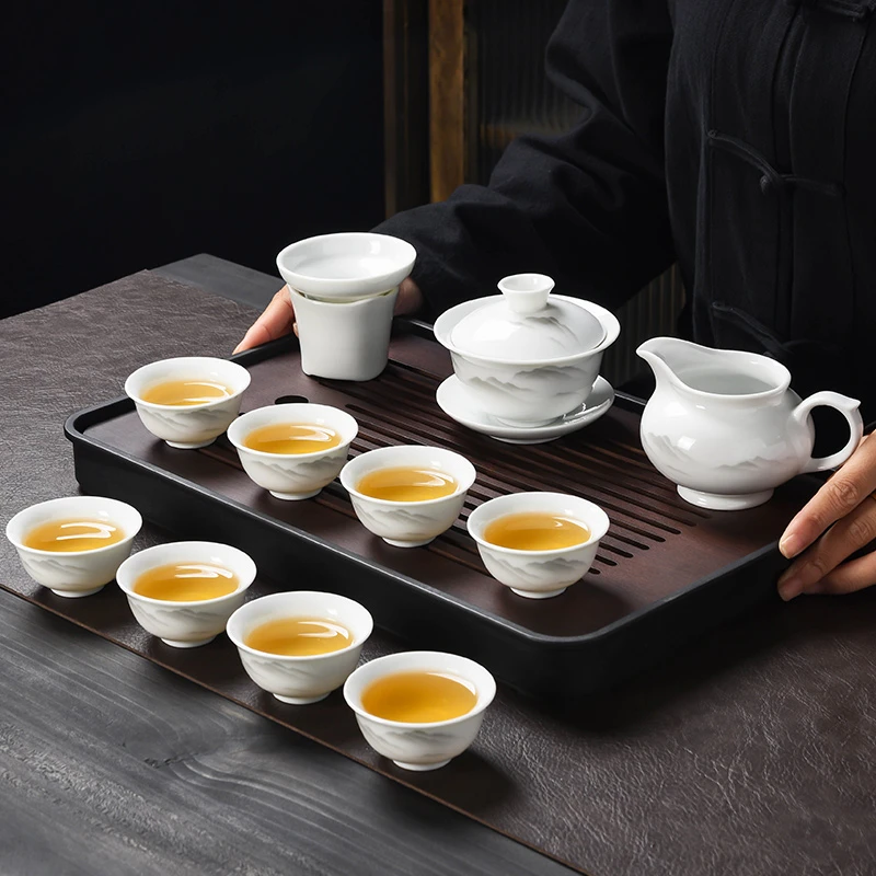 白瓷水墨功夫茶具套装中式家用陶瓷盖碗茶杯茶盘高端全套办公喝茶