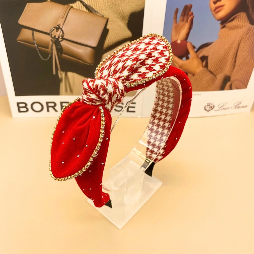 简约百搭网红爆款2024新款发卡秋冬酒红色蝴蝶结千鸟格轻奢发箍