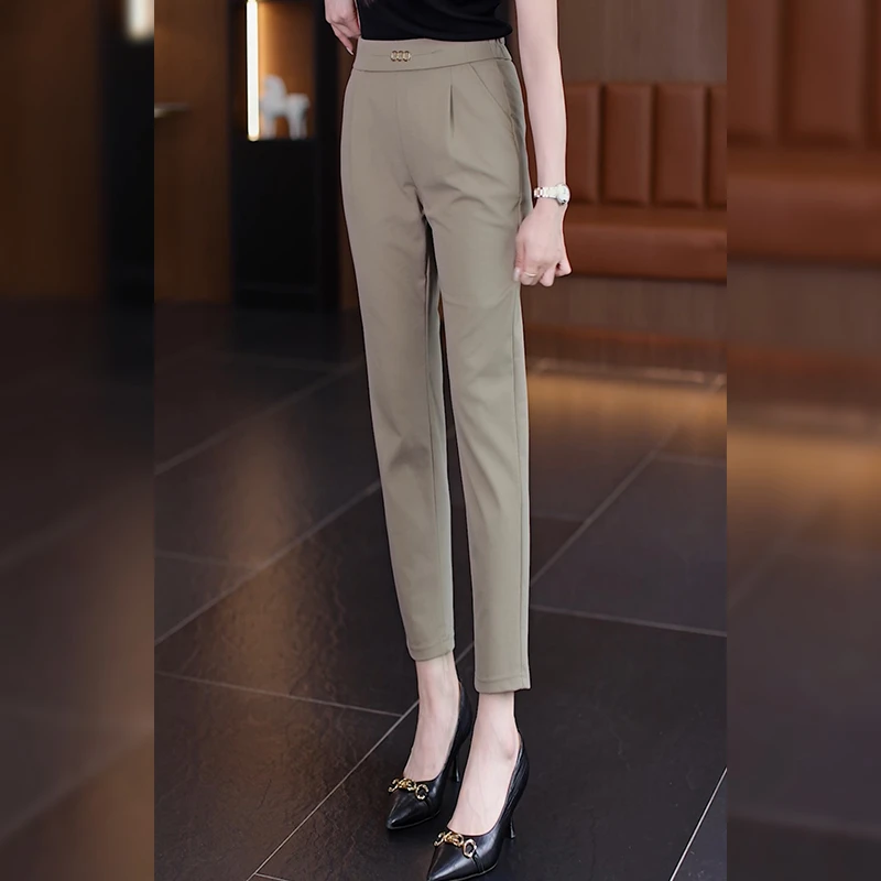 2024夏装新款百搭休闲修身显瘦九分裤女大码高腰透气小脚哈伦裤子