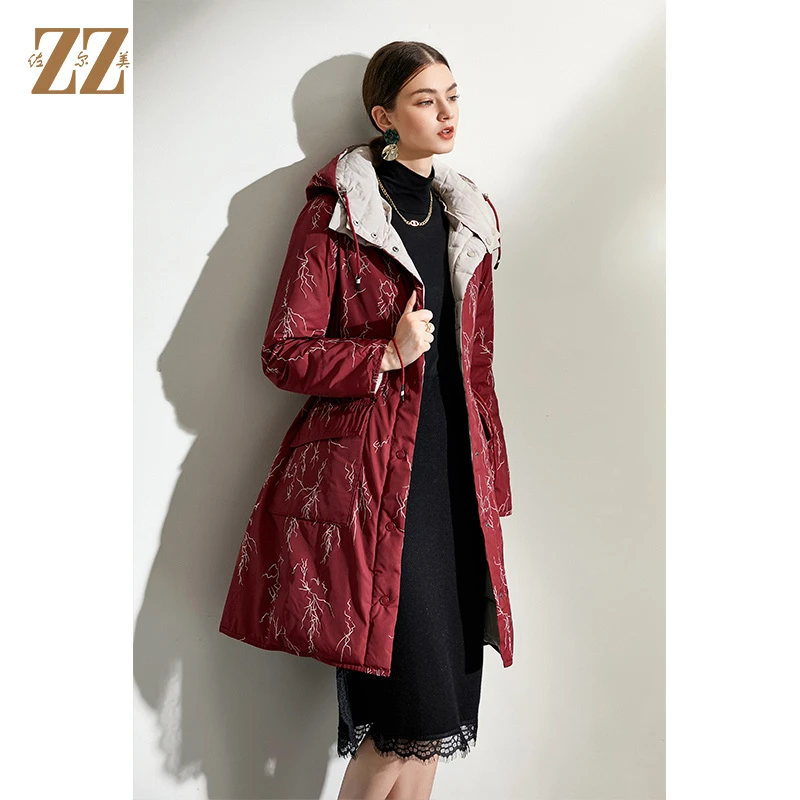 佐尔美冬季收腰双面穿时尚保暖韩版羽绒服外套女中长款E04YY06
