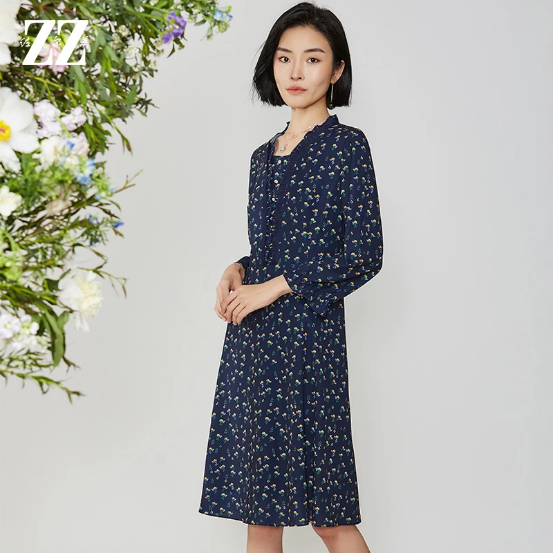 佐尔美秋季新款A字摆深V领三色花连衣裙E11LL35