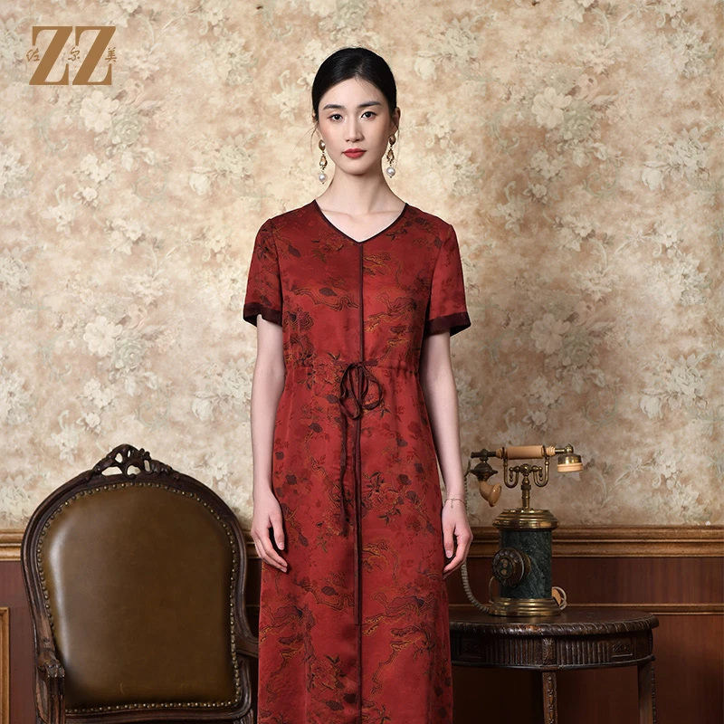 佐尔美夏季新款国风香云纱红云纱100%真丝桑蚕丝连衣裙女 E22LS22