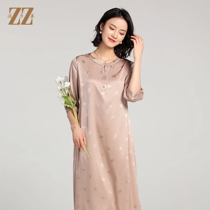 佐尔美夏季新款 桑蚕丝真丝气质显瘦提花缎中袖连衣裙女E22LS54