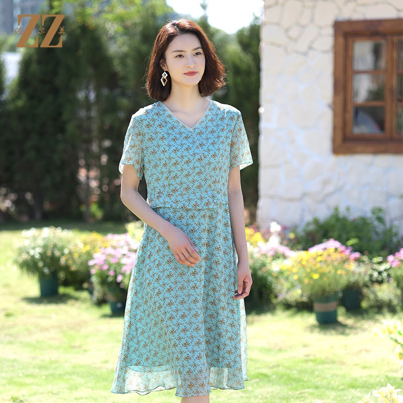 佐尔美夏季碎花收腰时尚真丝桑蚕丝乔其连衣裙女E12LS48-0301
