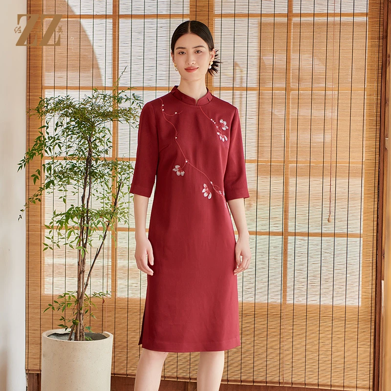 佐尔美秋季新款 气质优雅新中式旗袍七分袖连衣裙女E33LL33