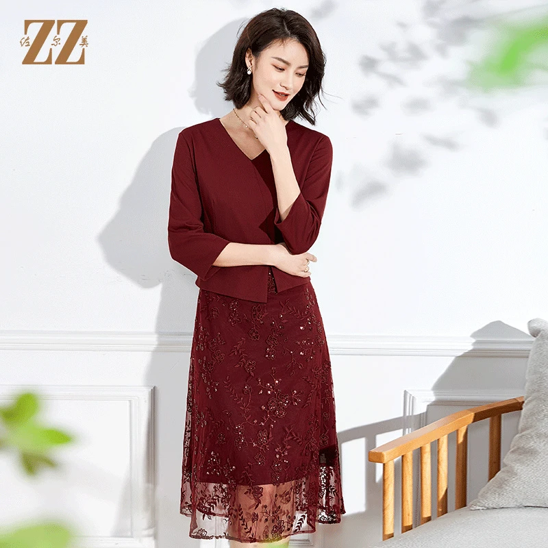 佐尔美春夏新款 蕾丝网纱7分袖收腰绣花连衣裙中长女E11LL28