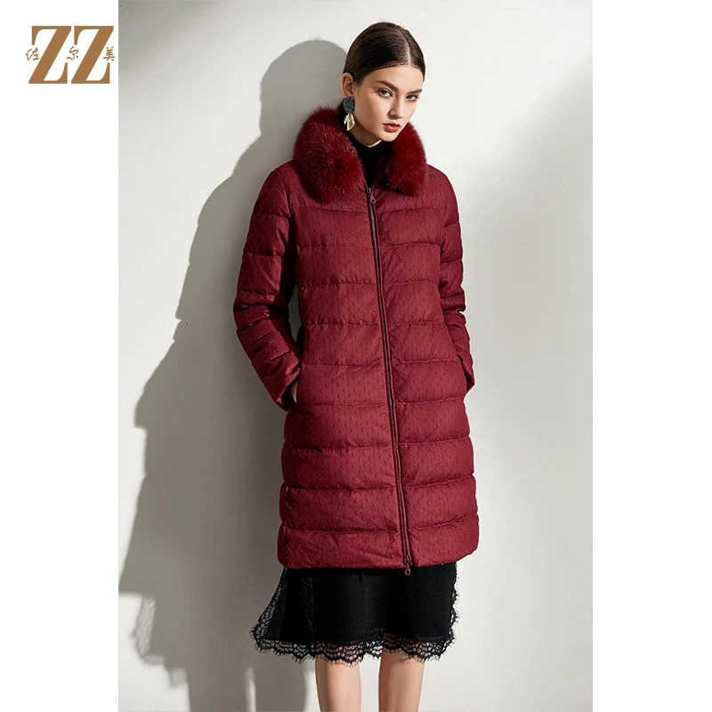 佐尔美冬季新款洋气红色90%高含绒量狐毛领羽绒服女中长款E04YH20