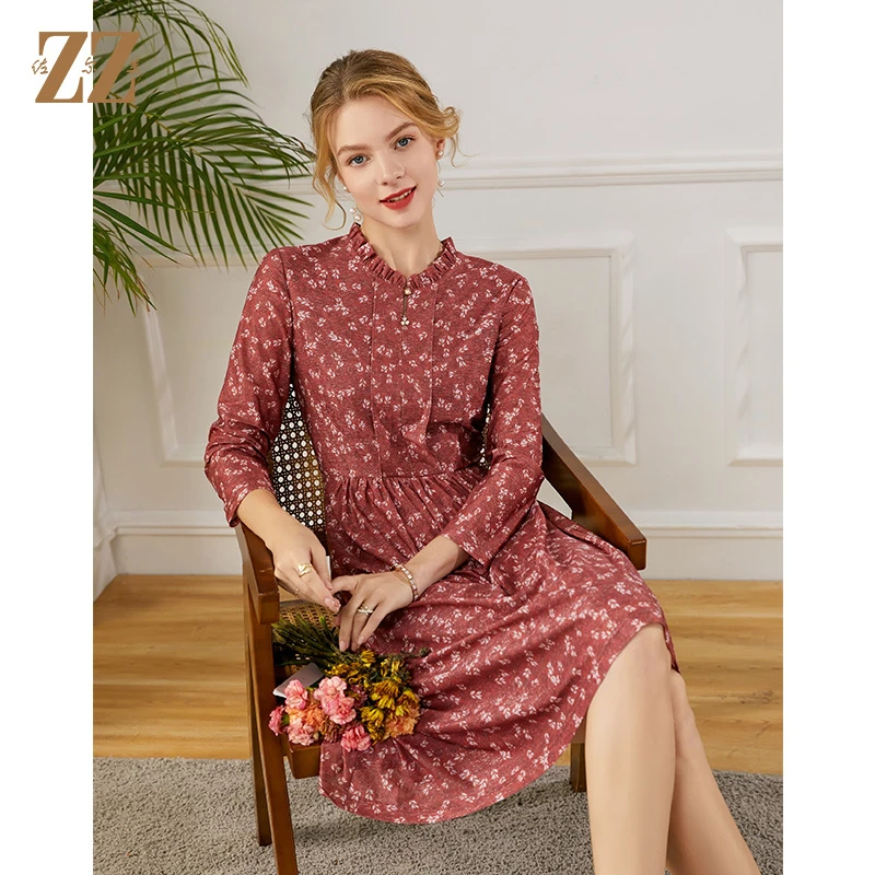 佐尔美秋季新款小碎花花边领V领气质中式连衣裙长袖长款女E13LL32