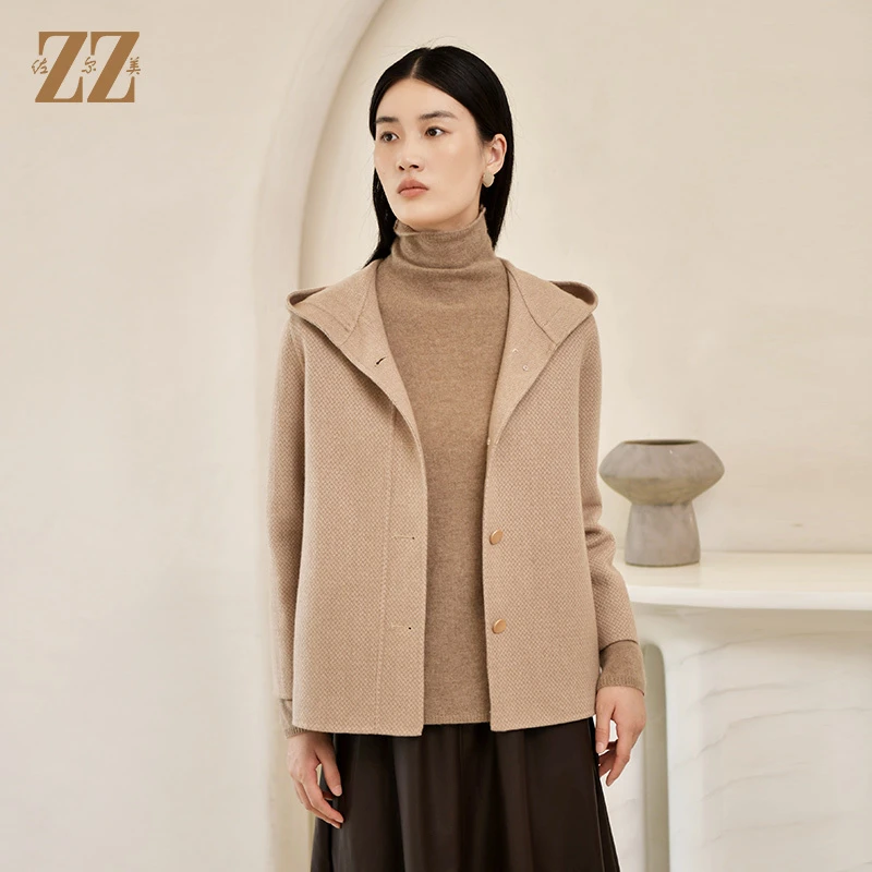 ZZ/佐尔美冬季新款气质休闲连帽咖啡色短款双面呢女士E24SM05
