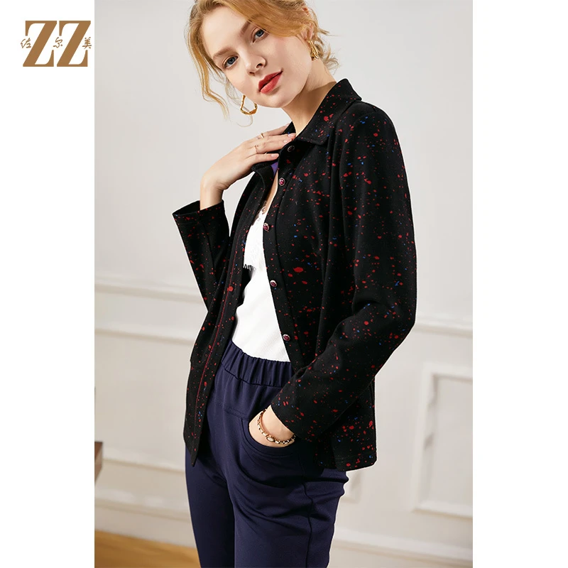 佐尔美秋季新款早秋衬衣领衬衫气质长袖黑色外套短款上衣女印花