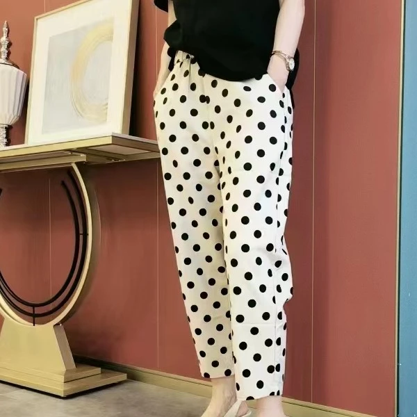 【己开价】新款法式米色波点裤修身显瘦时尚休闲八分裤 2218