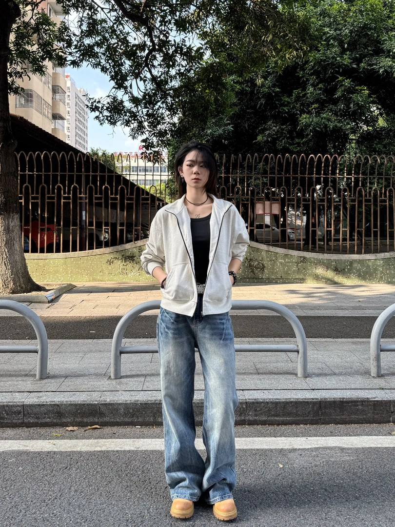 cleanfit闪电纹复古水洗直筒牛仔裤宽松美式高街做旧微喇拖地长裤