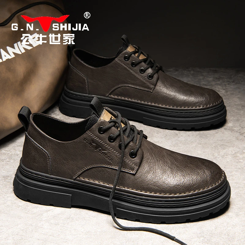 公牛世家男士皮鞋真皮春季英伦休闲男鞋低帮厚底百搭工装马丁鞋子