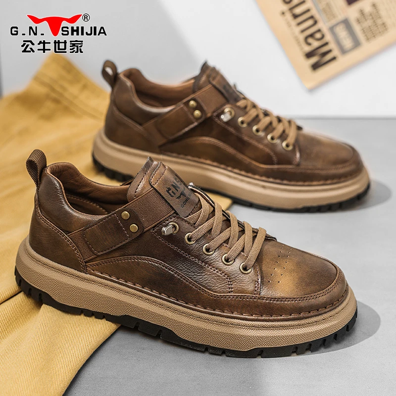 公牛世家男鞋2024春秋季新款黑色鞋子男舒适百搭工装休闲板鞋男款
