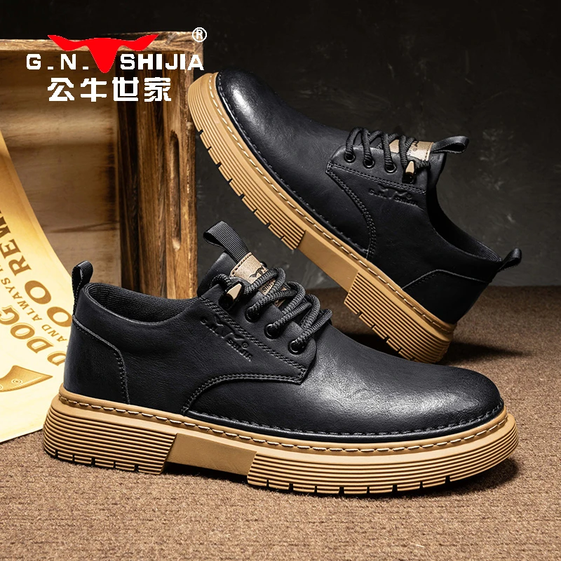 公牛世家男鞋休闲大头皮鞋男款英伦风工装低帮马丁靴男士