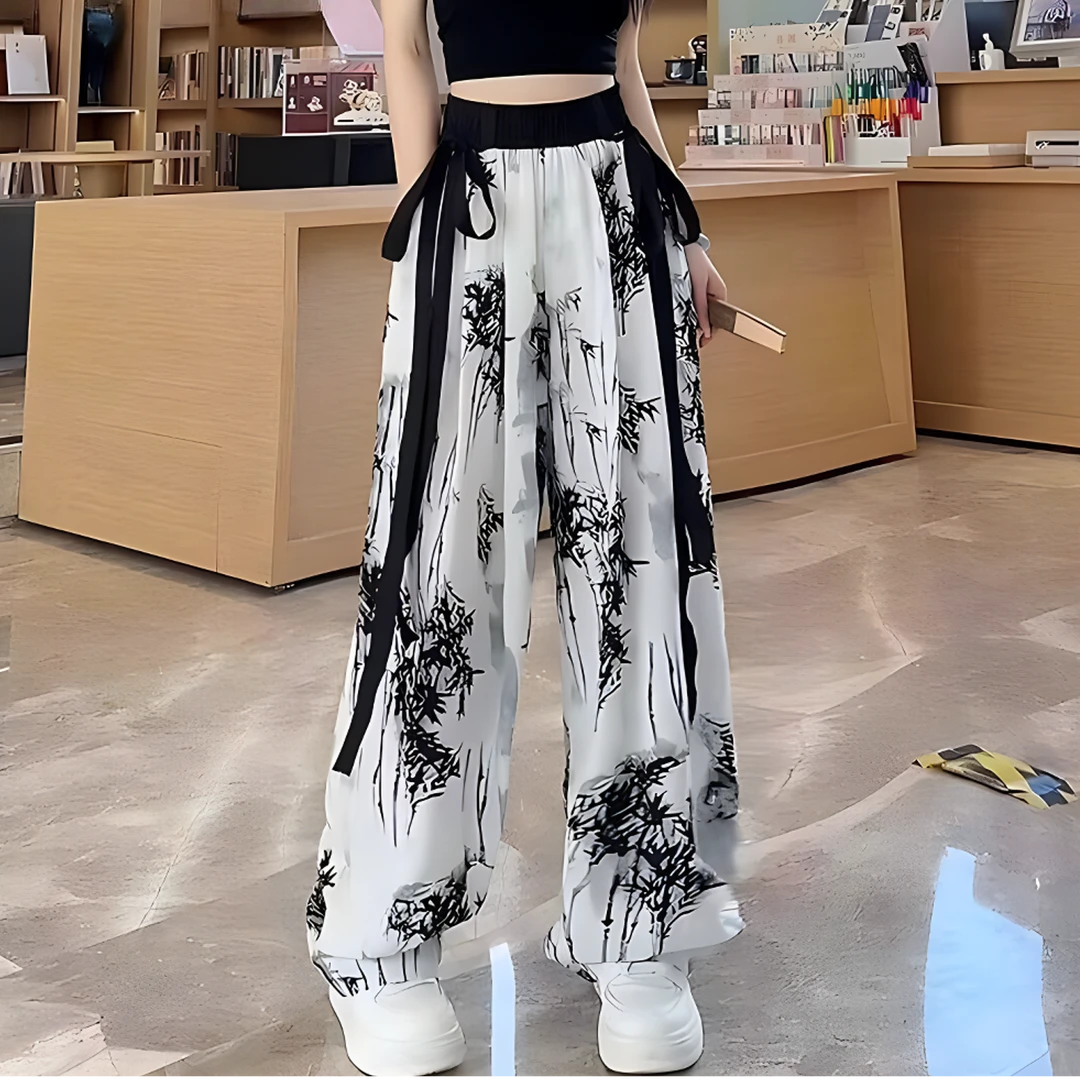 秋上新运动气质新中式国风竹林裤夏季高智淡人休闲飘带垂感拖地裤