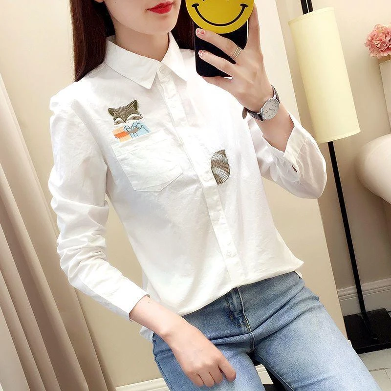 2023秋冬装新款小清新刺绣加绒白色衬衫女长袖保暖加厚打底上衣